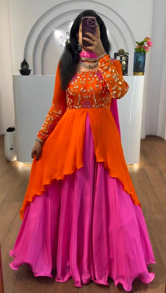 Pink With Orange Color Double Layer Anarkali Gown