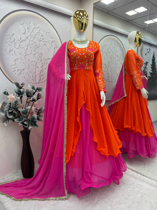 Pink With Orange Color Double Layer Anarkali Gown