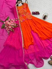 Pink With Orange Color Double Layer Anarkali Gown Pink With Orange Color Double Layer Anarkali Gown