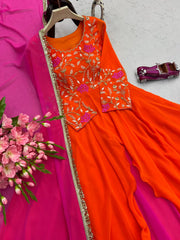 Pink With Orange Color Double Layer Anarkali Gown Pink With Orange Color Double Layer Anarkali Gown