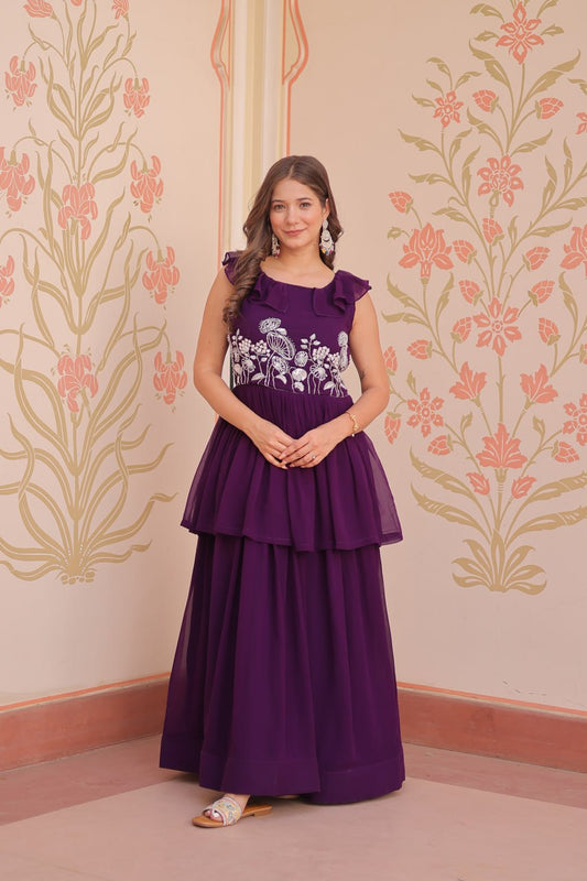 Awesome Embroidered Work Purple Color Gown