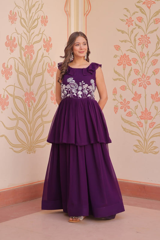 Awesome Embroidered Work Purple Color Gown