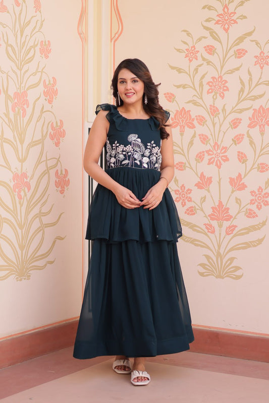 Awesome Embroidered Work Rama Color Gown