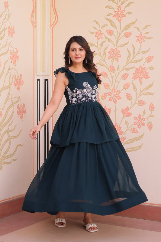 Awesome Embroidered Work Rama Color Gown
