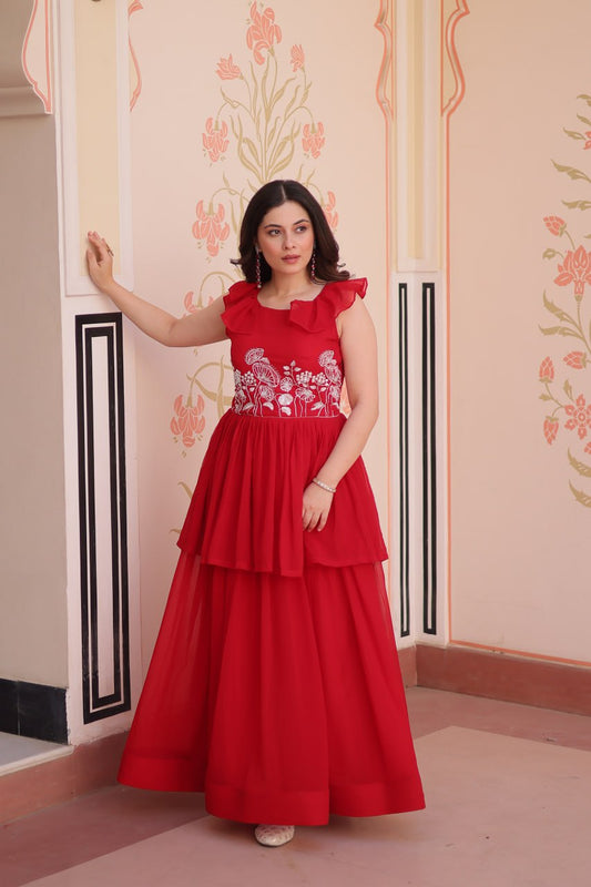 Awesome Embroidered Work Red Color Gown