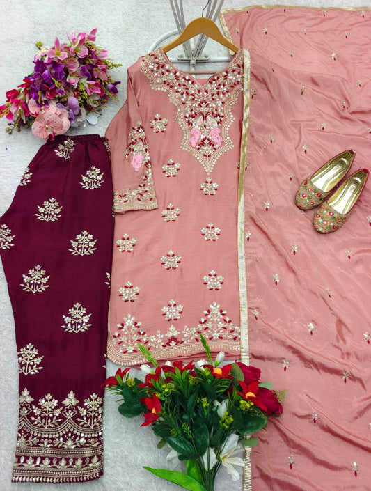 Exclusive Embroidery Work Peach Color Salwar Suit
