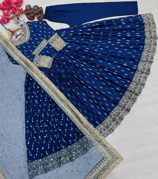 Flattering Sequence Work Navy Blue Color Gown