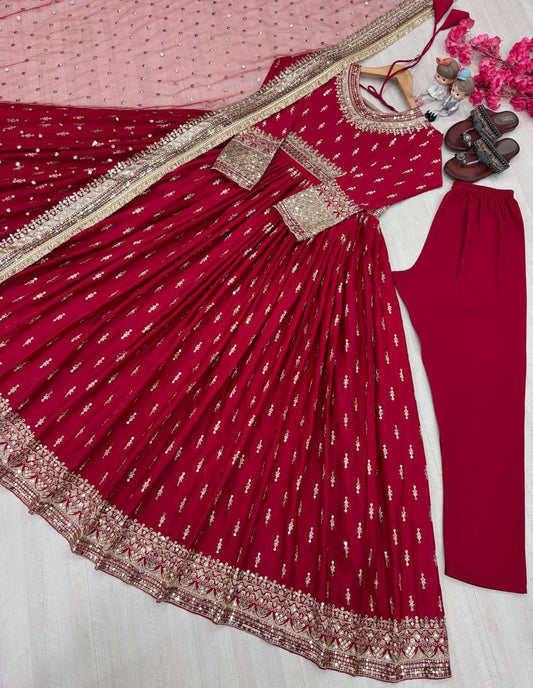 Flattering Sequence Work Red Color Gown