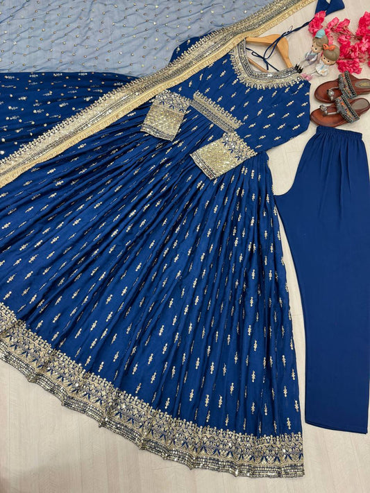 Flattering Sequence Work Navy Blue Color Gown