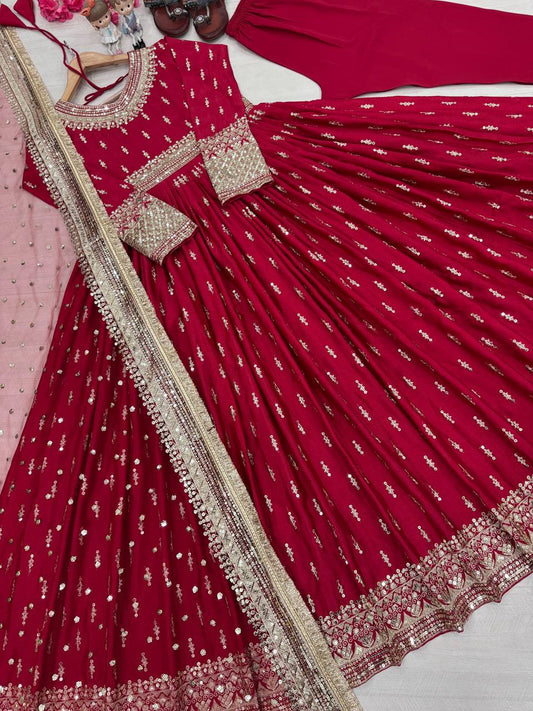 Flattering Sequence Work Red Color Gown