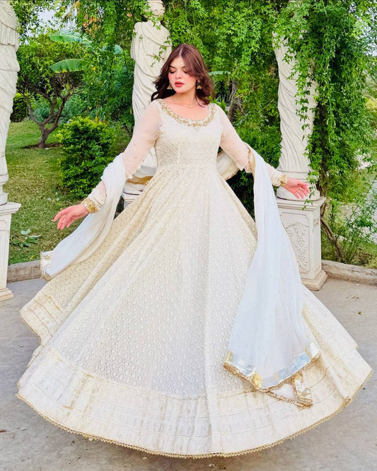Traditional Wear Mirror and Embroidery Work White Color Gown
