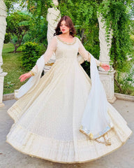 Traditional Wear Mirror and Embroidery Work White Color Gown Traditional Wear Mirror and Embroidery Work White Color Gown