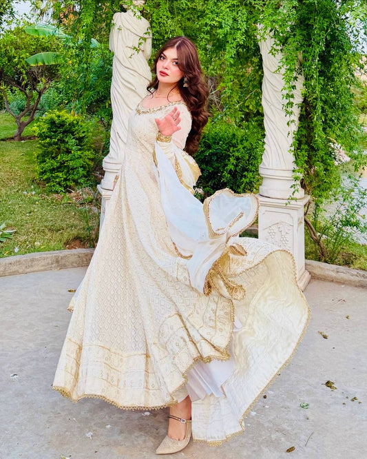 Traditional Wear Mirror and Embroidery Work White Color Gown
