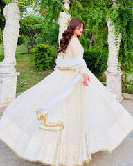 Traditional Wear Mirror and Embroidery Work White Color Gown Traditional Wear Mirror and Embroidery Work White Color Gown