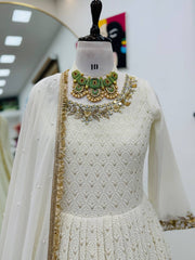 Traditional Wear Mirror and Embroidery Work White Color Gown Traditional Wear Mirror and Embroidery Work White Color Gown