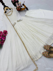 Traditional Wear Mirror and Embroidery Work White Color Gown Traditional Wear Mirror and Embroidery Work White Color Gown
