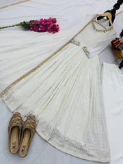 Traditional Wear Mirror and Embroidery Work White Color Gown Traditional Wear Mirror and Embroidery Work White Color Gown