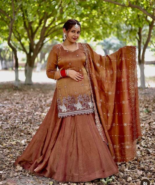 Flattering Embroidery Work Brown Color Top With Lehenga