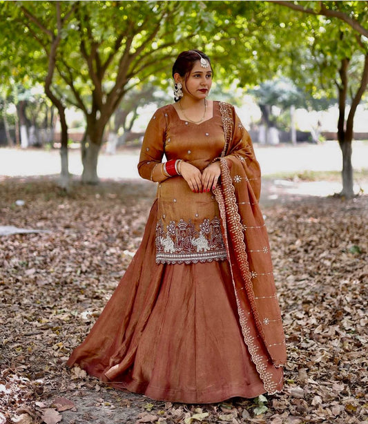Flattering Embroidery Work Brown Color Top With Lehenga