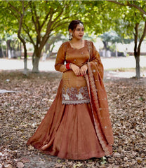 Flattering Embroidery Work Brown Color Top With Lehenga Flattering Embroidery Work Brown Color Top With Lehenga