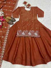 Flattering Embroidery Work Brown Color Top With Lehenga Flattering Embroidery Work Brown Color Top With Lehenga