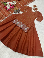 Flattering Embroidery Work Brown Color Top With Lehenga Flattering Embroidery Work Brown Color Top With Lehenga