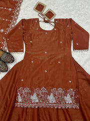 Flattering Embroidery Work Brown Color Top With Lehenga Flattering Embroidery Work Brown Color Top With Lehenga