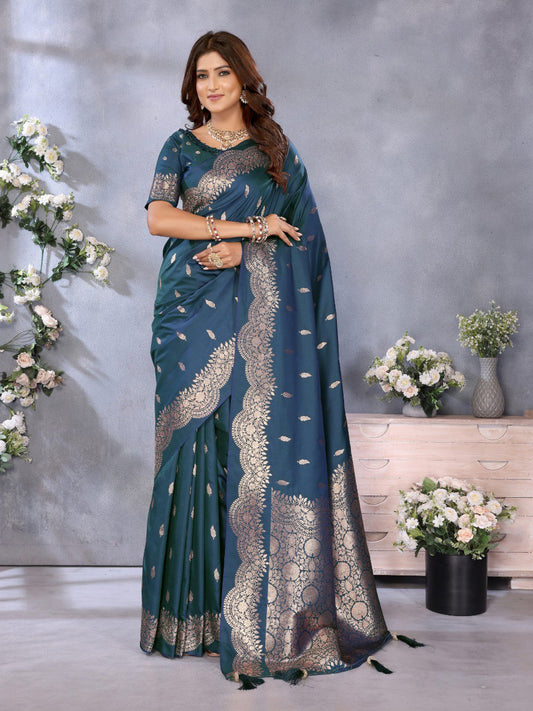 Captivating Teal Blue Color Silk Saree