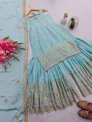 Festive Wear Mirror Work Sky Color Sharara Suit Festive Wear Mirror Work Sky Color Sharara Suit