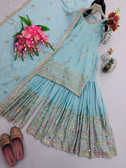 Festive Wear Mirror Work Sky Color Sharara Suit