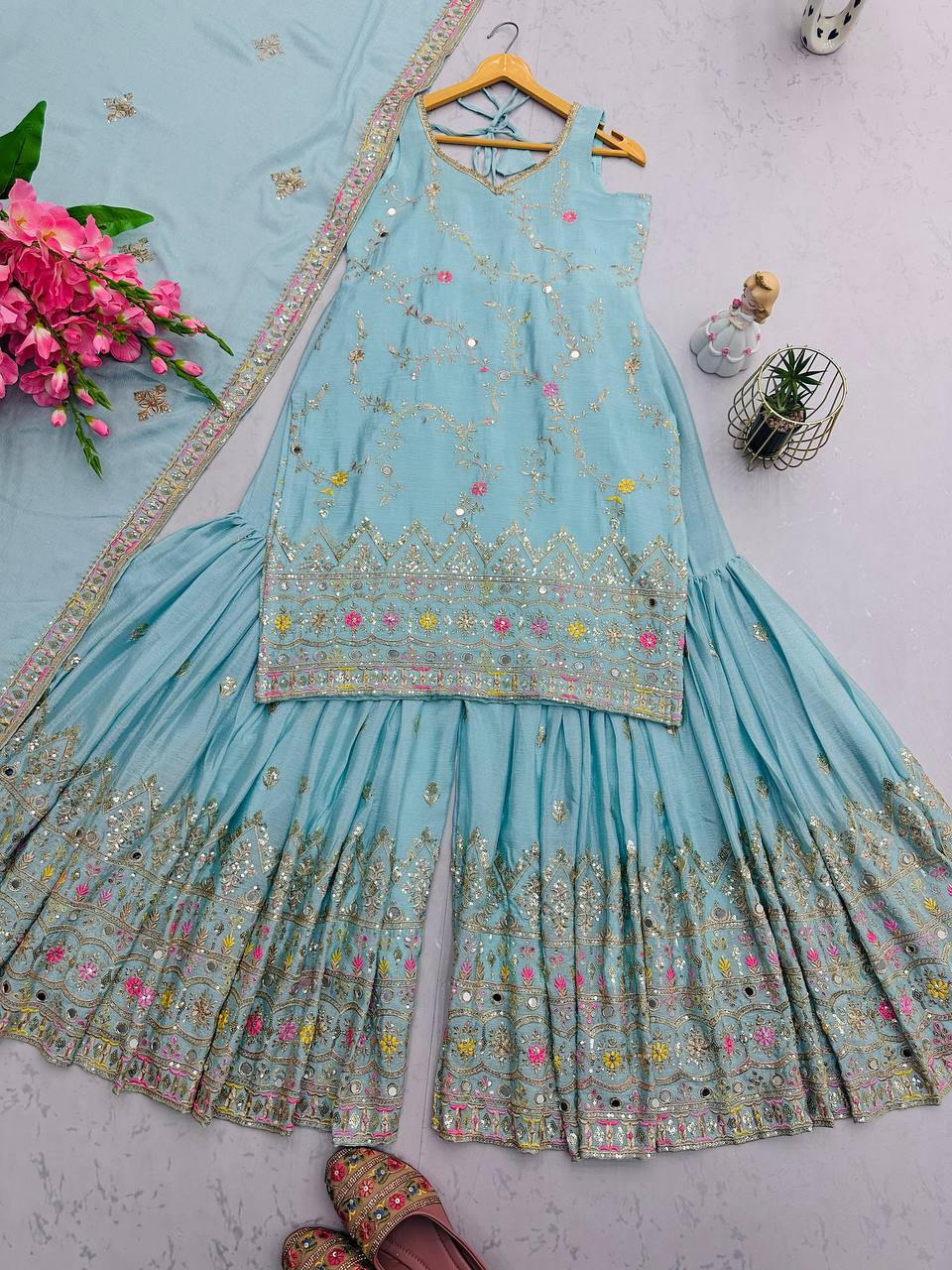 Festive Wear Mirror Work Sky Color Sharara Suit