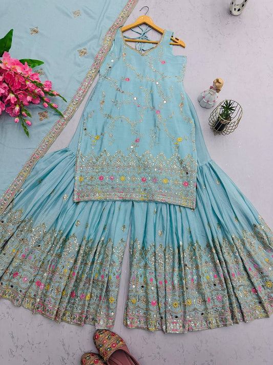 Festive Wear Mirror Work Sky Color Sharara Suit