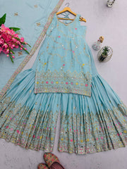Festive Wear Mirror Work Sky Color Sharara Suit Festive Wear Mirror Work Sky Color Sharara Suit