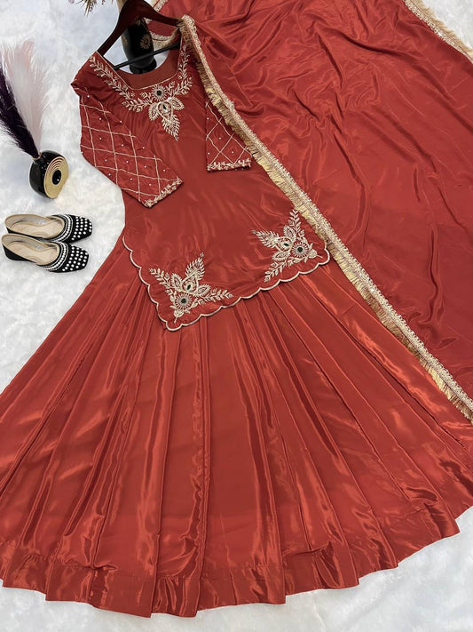 Designer Hand Work Orange Color Top With Lehenga