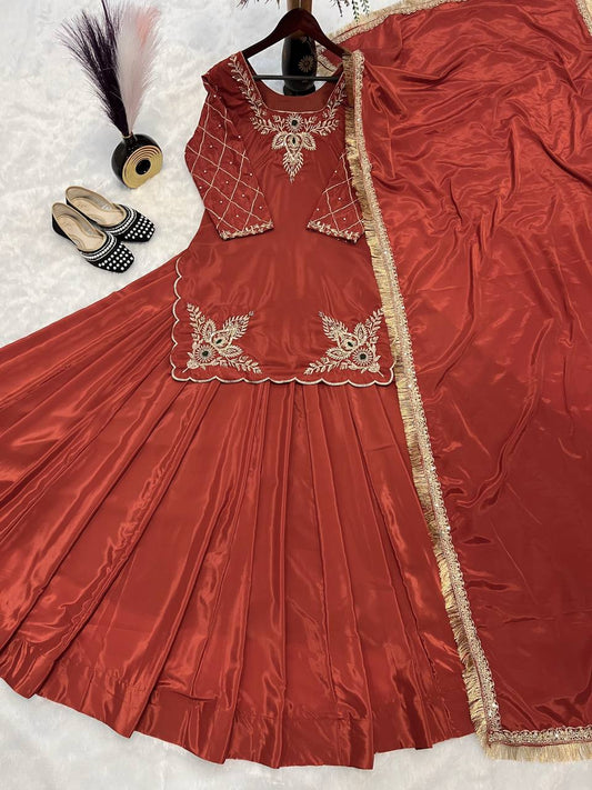 Designer Hand Work Orange Color Top With Lehenga