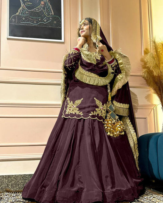 Designer Hand Work Wine Color Top With Lehenga