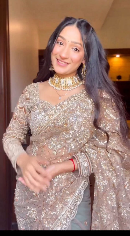 Full Sequins Work White Color Stylish Saree