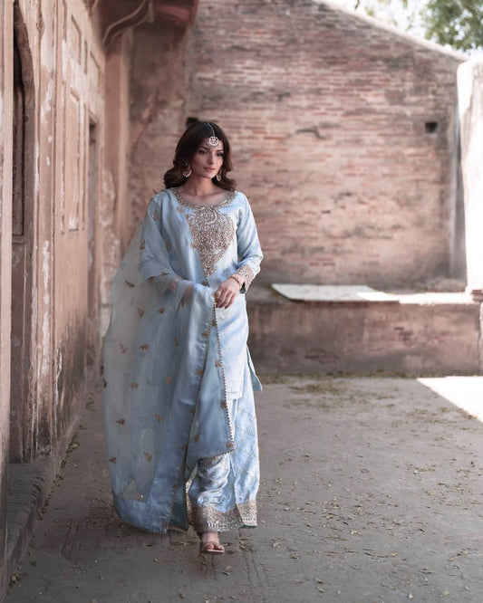 Traditional Wear Embroidery Work Sky Color Palazzo Suit