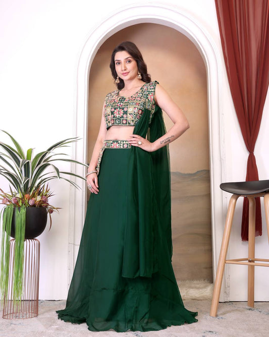 Beautiful Embroidery Work Green Color Lehenga Choli