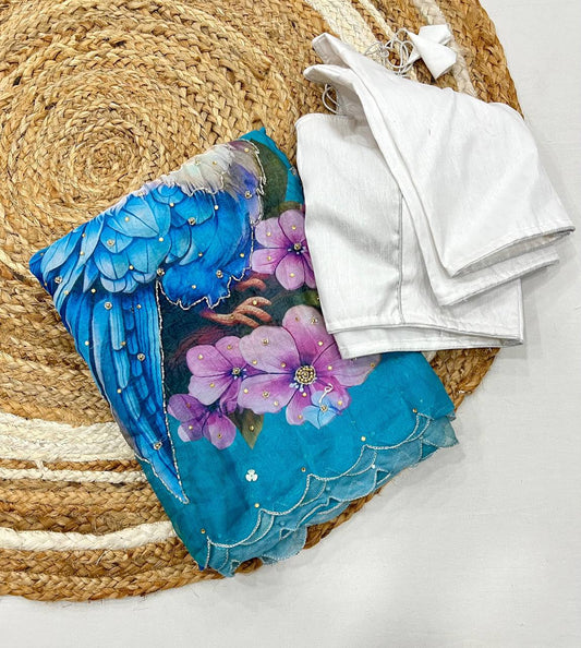 Wonderful Flower Print Sky Blue Color Saree