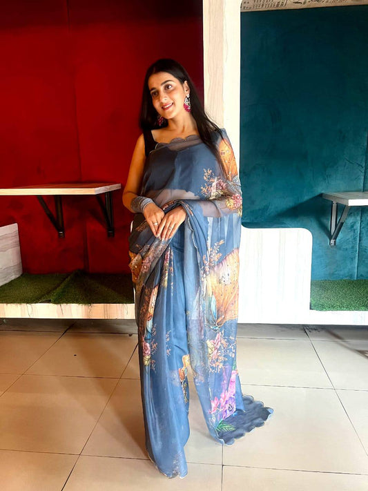 Butterfly Print Sky Blue Color Fancy Saree