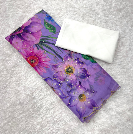 Multi Flower Print Lavender Color Classy Saree