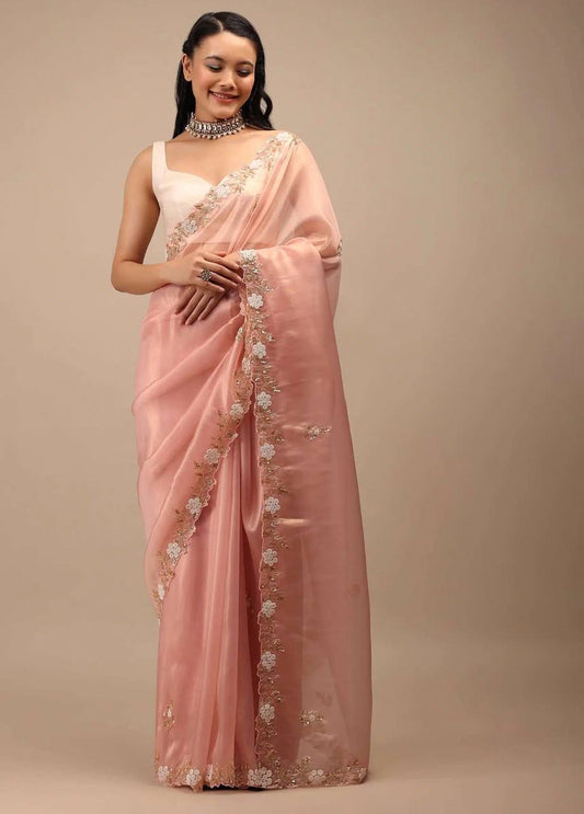 Beautiful Border Work Peach Color Saree