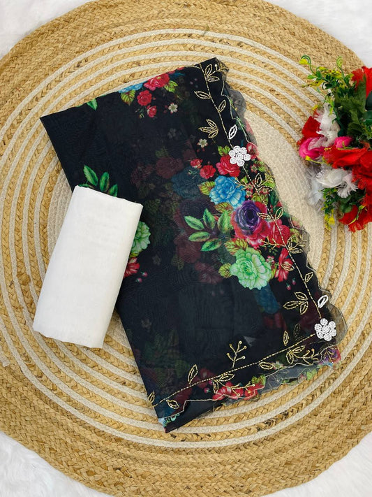 Classic Flower Print Black Color Saree