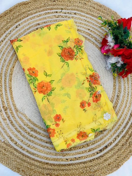 Classic Flower Print Yellow Color Saree