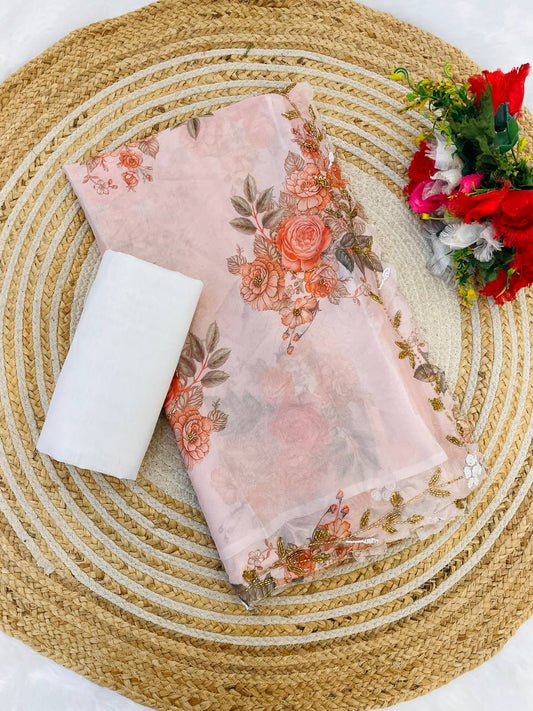 Classic Flower Print Peach Color Saree