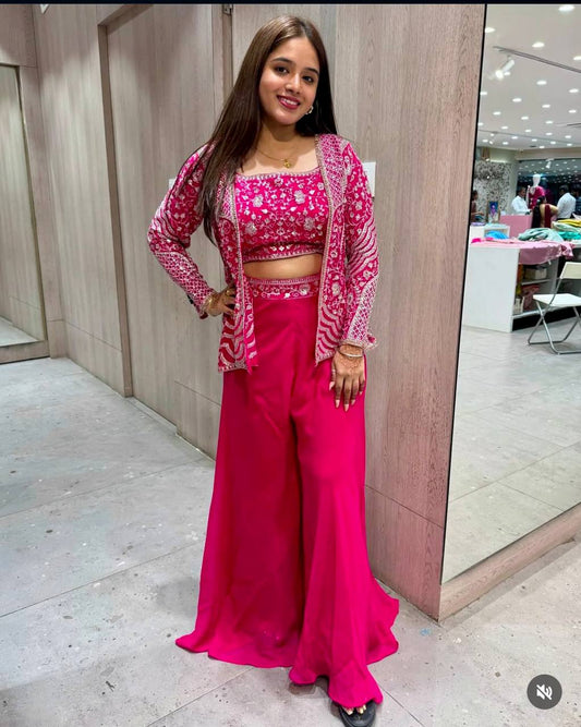 Adorable Embroidery Work Pink Color Palazzo Suit With Koti