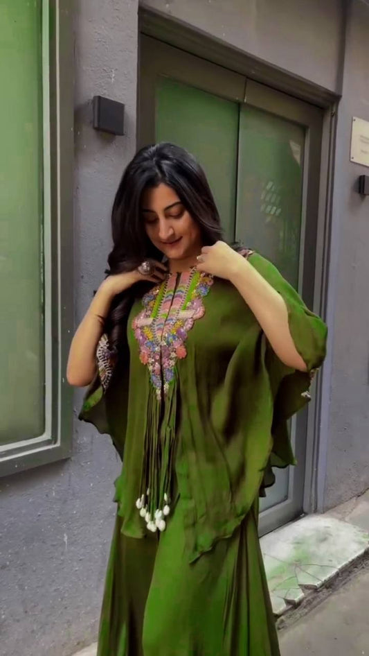 Glimmering Embroidery Work Mehndi Color Top With Palazzo Suit