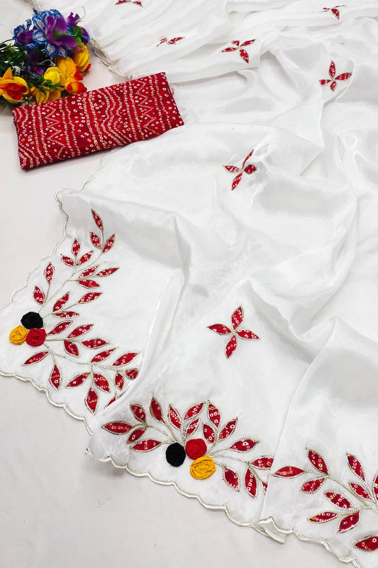 Ravishing Bandhani Print White Color Saree