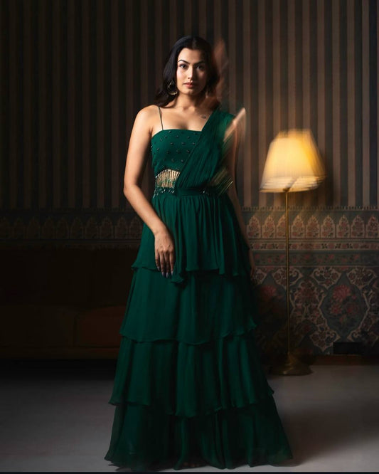 Flattering Georgette Green Color Draped Lehenga Choli